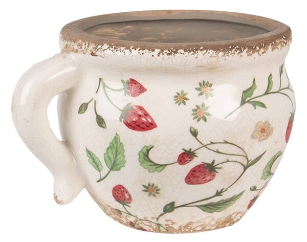 Béžový keramický obal na květináč s jahodami Louis s uchem – 17x14x12 cm