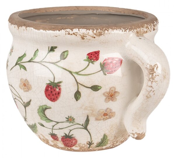 Béžový keramický obal na květináč s jahodami Louis s uchem – 17x14x12 cm