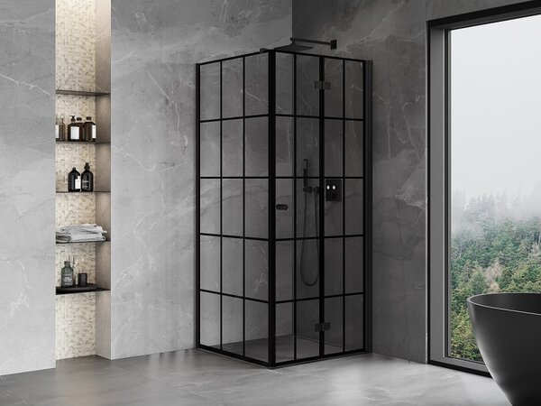 Mexen Mist-F T, 1-křídlý ​​skládací sprchový kout pravý 70 x 70 cm, čiré sklo-černá mřížka, 8A6T-070-070-70-77-P