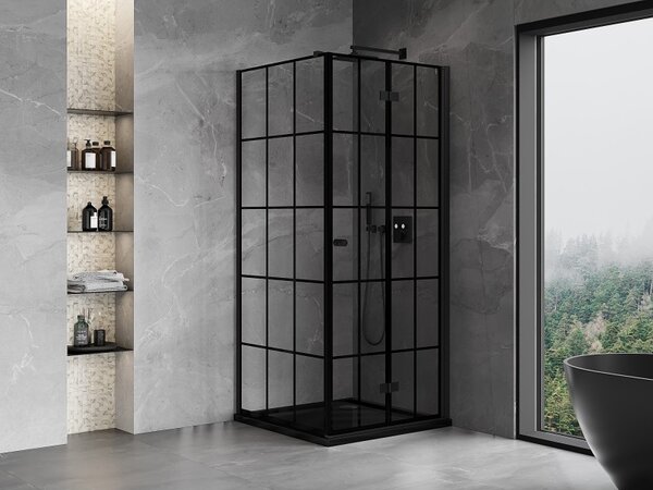 Mexen Mist-F T, 1-křídlý ​​skládací sprchový kout pravý 70 x 70 cm, čiré sklo-černá mřížka, 8A6T-070-070-70-77-P