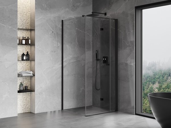 Mexen Mist-F T, 1-křídlý ​​skládací sprchový kout pravý 70 x 70 cm, čiré sklo, černý profil, 8A6T-070-070-70-00-P