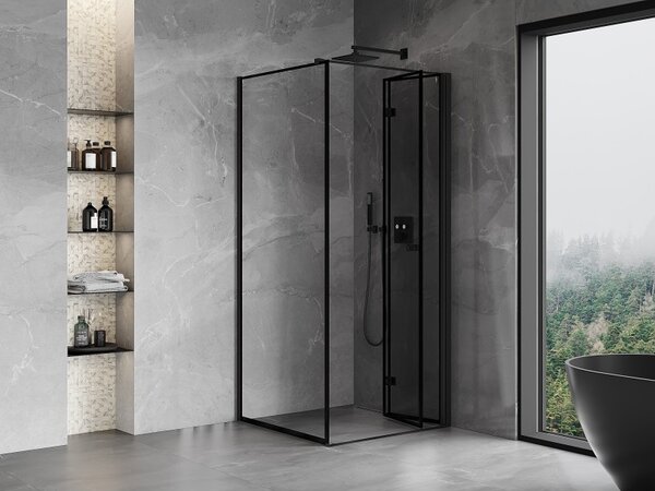 Mexen Mist-F T, 1-křídlý ​​skládací sprchový kout pravý 70 x 70 cm, čiré sklo-černý rám, 8A6T-070-070-70-70-P