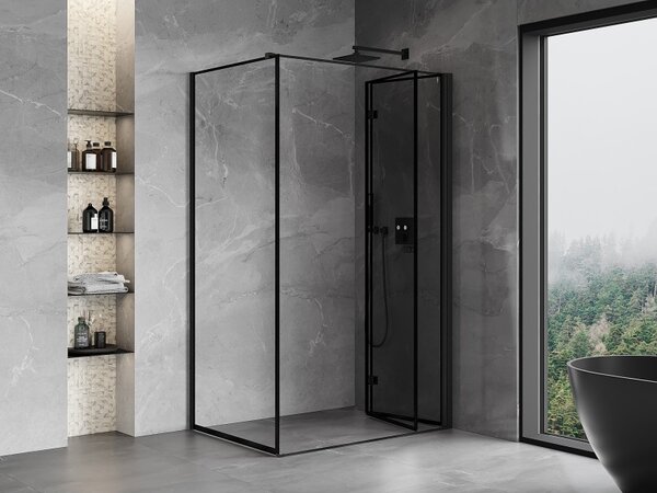 Mexen Mist-F T, 1-křídlý ​​skládací sprchový kout pravý 70 x 80 cm, čiré sklo-černý rám, 8A6T-070-080-70-70-P
