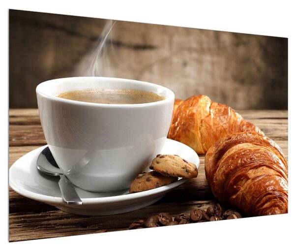 Obraz šálku kávy a croissantu (120x80 cm)