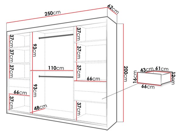 Velká šatní skříň 250 cm se zrcadlem a šuplíky ORIOT - bílá / černá