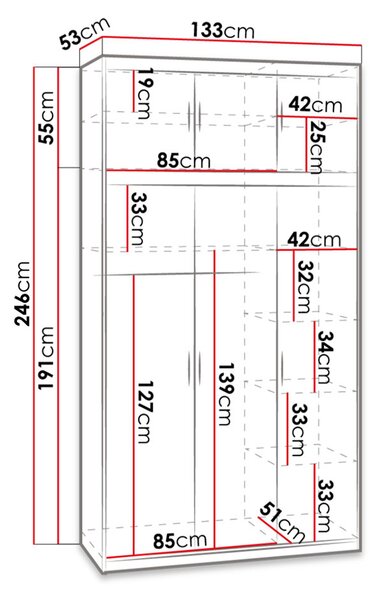 Zrcadlová šatní skříň 133 cm s nástavbou ARCATA - dub sonoma