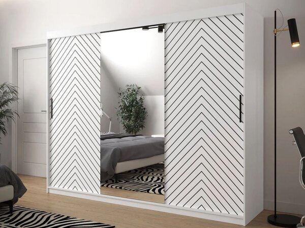 Velká šatní skříň 250 cm se zrcadlem a šuplíky ORIOT - bílá / černá