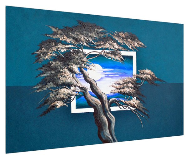 Modrý obraz stromu a východu slunce (120x80 cm)