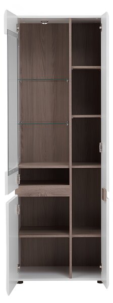 KONDELA Vitrína, bílá extra vysoký lesk HG / dub sonoma tmavý, levá, LYNATET TYP 01