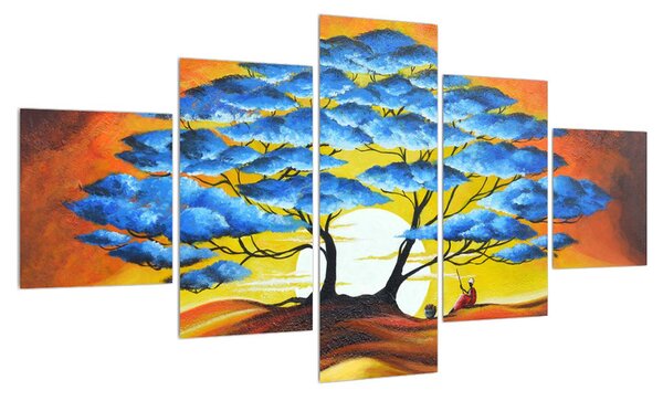 Orientální obraz modrého stromu a slunce (125x70 cm)