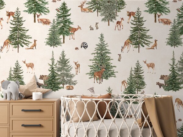 FUGU Tapeta borovicový les - Pine Forest White Materiál: Samolepicí tkaný eko materiál - samolepicí tapeta
