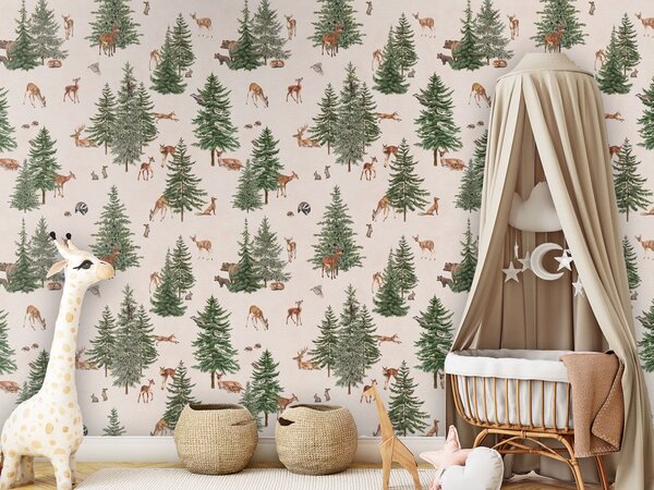 FUGU Tapeta borovicový les - Pine Forest White Materiál: Samolepicí tkaný eko materiál - samolepicí tapeta