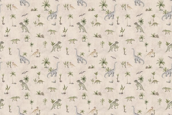 Tapeta dinosauři - Dashing Dinos Sand | Fugu Materiál: Digitální eko vlies - klasická tapeta nesamolepicí