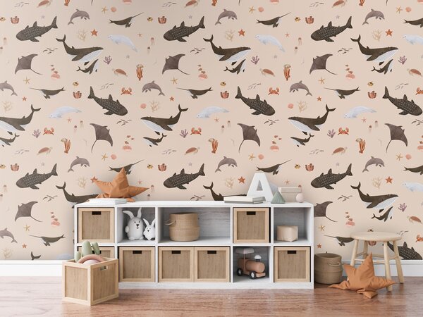 Dětská tapeta moře a velryby - Splendid Sea Beige Materiál: Digitální eko vlies - klasická tapeta nesamolepicí