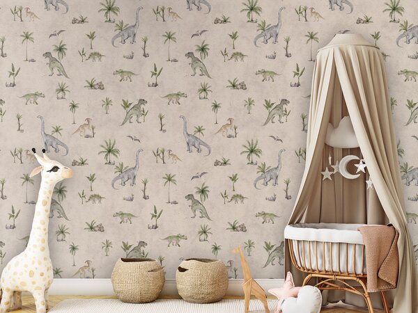 Tapeta dinosauři - Dashing Dinos Sand | Fugu Materiál: Digitální eko vlies - klasická tapeta nesamolepicí