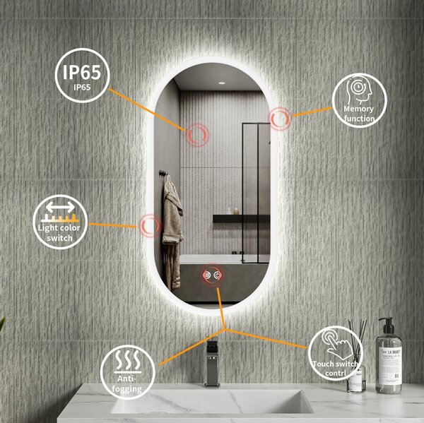 Erga Demi, oválné LED zrcadlo 40x80cm, 3 barvy světla, přední osvětlení, topná podložka proti zapaření, ERG-V01-DEMI-4080-CL