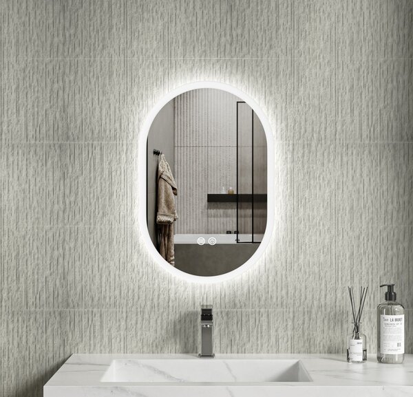 Erga Demi, oválné LED zrcadlo 40x60cm, 3 barvy světla, přední osvětlení, topná podložka proti zapaření, ERG-V01-DEMI-4060-CL