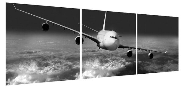 Černobílý obraz letadla v oblacích (150x50 cm)