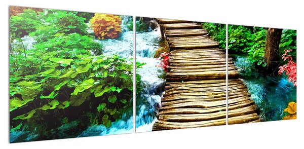 Obraz dřevěného chodníčku přes řeku (150x50 cm)