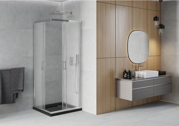 Mexen Rio, čtvercový sprchový kout s posuvnými dveřmi 70 (dveře) x 70 (dveře) x 190 cm, 5mm sklo námraza, chromový profil + černá sprchová vanička SLIM, 860-070-070-01-30-4070