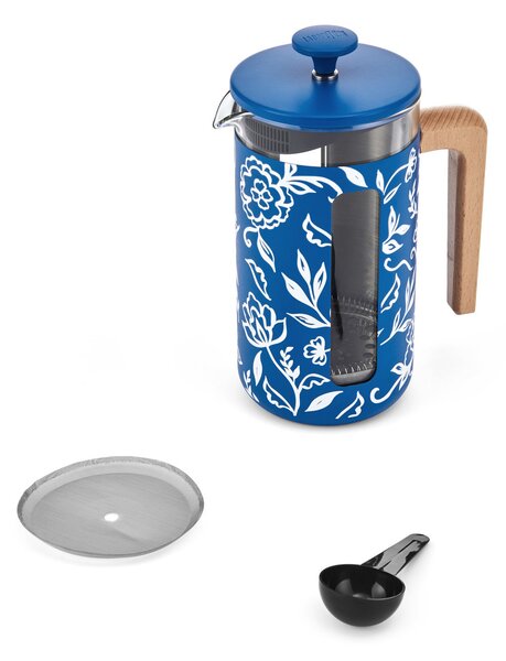 French press La Cafetière Pisa 1 l připraví až 8 šálků plné kávy, udrží teplotu a zaujme designem Blu Fiorato s dřevěnou rukojetí. LCPISA8CPFLORAL
