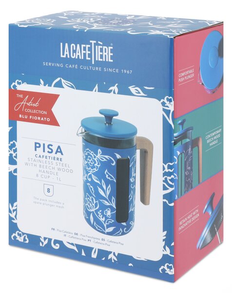 French press La Cafetière Pisa 1 l připraví až 8 šálků plné kávy, udrží teplotu a zaujme designem Blu Fiorato s dřevěnou rukojetí. LCPISA8CPFLORAL