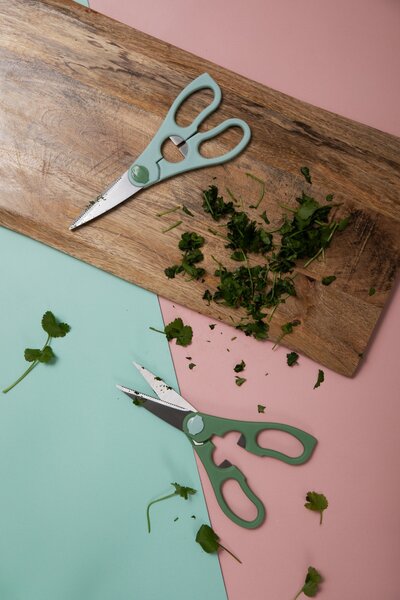 Kuchyňské nůžky KitchenCraft sada 2 ks nerezové čepele víceúčelové stříhání surovin obalů ergonomické rukojeti otvírák KCSCI2PKGR