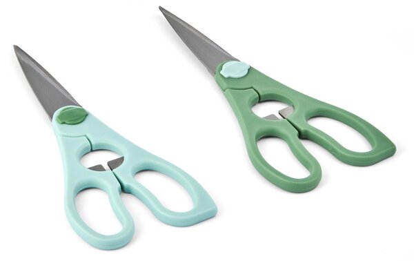 Kuchyňské nůžky KitchenCraft sada 2 ks nerezové čepele víceúčelové stříhání surovin obalů ergonomické rukojeti otvírák KCSCI2PKGR
