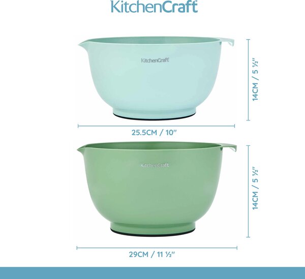 Mísy a odměrky KitchenCraft sada 12 ks stohovatelný set míchací mísy odměrky lžičky plast protiskluzové dno KCMIXMEAS12GR