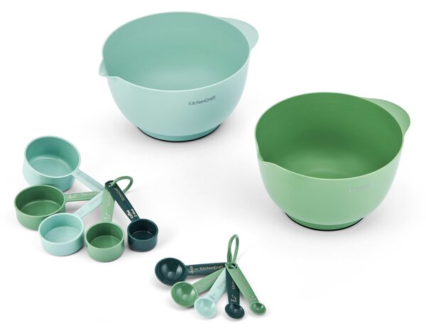 Mísy a odměrky KitchenCraft sada 12 ks stohovatelný set míchací mísy odměrky lžičky plast protiskluzové dno KCMIXMEAS12GR
