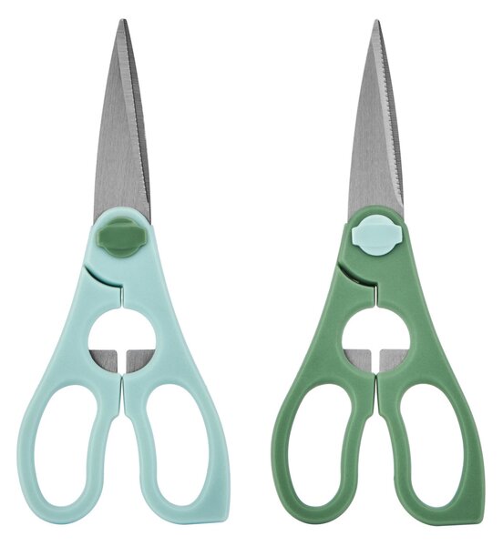 Kuchyňské nůžky KitchenCraft sada 2 ks nerezové čepele víceúčelové stříhání surovin obalů ergonomické rukojeti otvírák KCSCI2PKGR