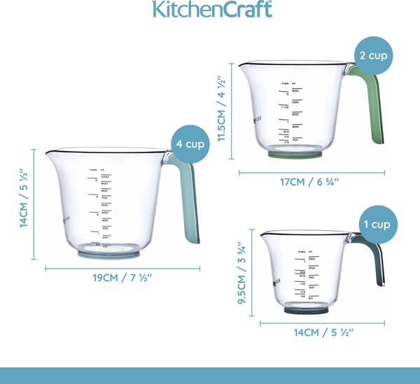 Odměrky KitchenCraft sada 3 ks stohovatelné džbánky 250 ml 500 ml 1000 ml plast barevné rukojeti vaření pečení KCMJUG3PCGR