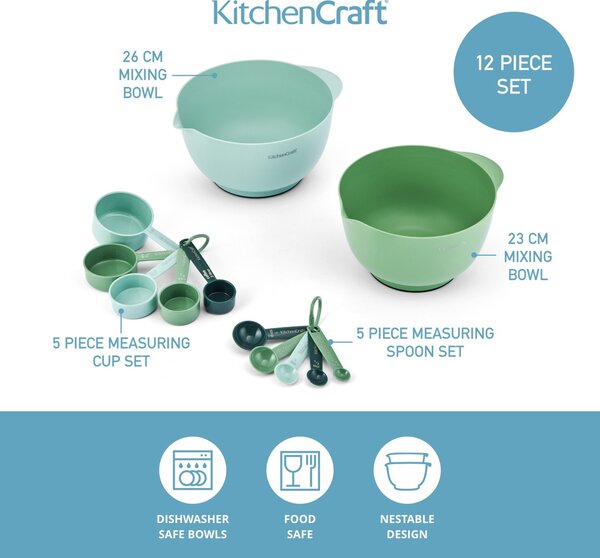 Mísy a odměrky KitchenCraft sada 12 ks stohovatelný set míchací mísy odměrky lžičky plast protiskluzové dno KCMIXMEAS12GR