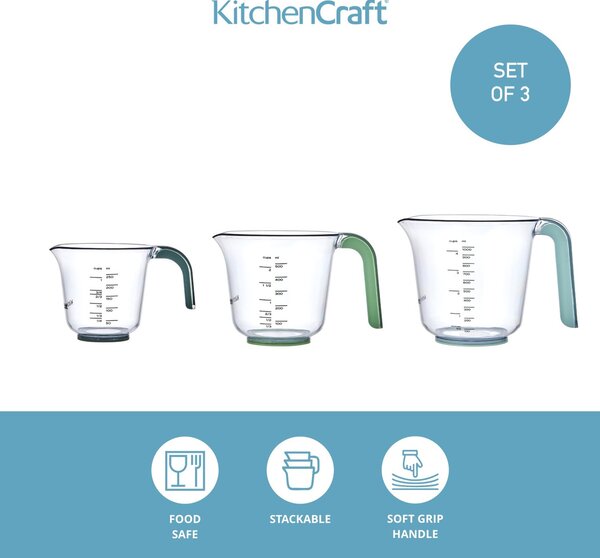 Odměrky KitchenCraft sada 3 ks stohovatelné džbánky 250 ml 500 ml 1000 ml plast barevné rukojeti vaření pečení KCMJUG3PCGR