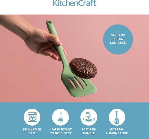 Silikonová děrovaná obracečka KitchenCraft 30 cm je šetrná k nepřilnavému nádobí, ideální pro obracení pokrmů a snadné odkapání tuku. KCSILTURNGR