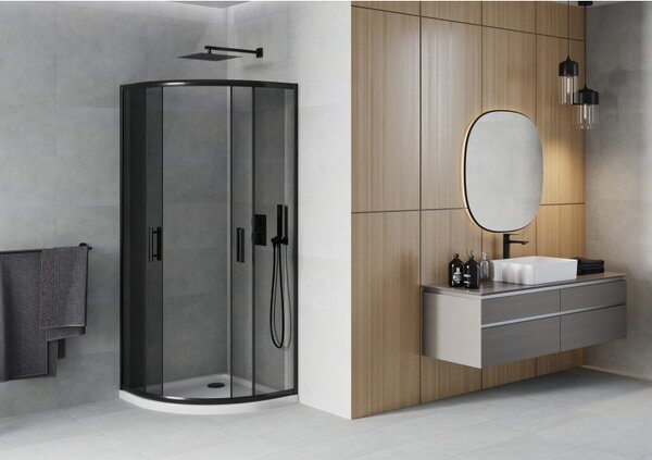 Mexen Rio, čtvrtkruhový sprchový kout s posuvnými dveřmi 80 (dveře) x 80 (dveře) x 190 cm, 5mm šedé sklo, černý profil + bílá sprchová vanička SLIM, 863-080-080-70-40-4110B