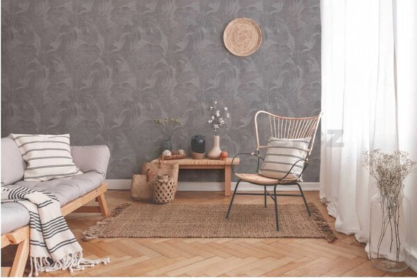 Vliesové tapety na zeď New Walls 37396-1, rozměr 10,05 m x 0,53 m, motiv palmových listů a jemnou textilní strukturou šedé, A.S. Création
