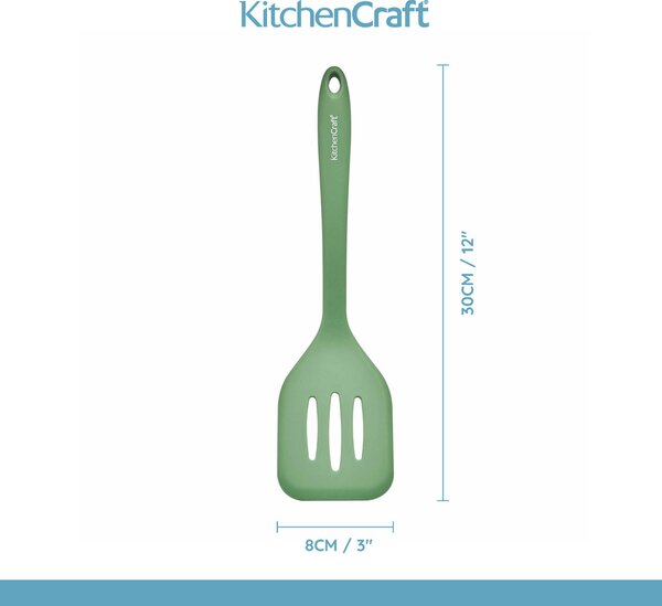 Silikonová děrovaná obracečka KitchenCraft 30 cm je šetrná k nepřilnavému nádobí, ideální pro obracení pokrmů a snadné odkapání tuku. KCSILTURNGR