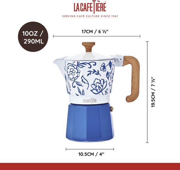 Moka konvička La Cafetière Venice 290 ml připraví plnou kávu během pár minut, zaujme designem Blu Fiorato a je ideální pro každodenní použití. LCVEN6…