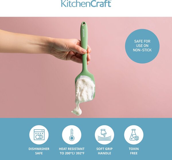 Silikonová stěrka KitchenCraft 27 cm umožňuje přesné stírání těsta i krémů, je šetrná k nepřilnavému nádobí a vhodná pro každodenní vaření. KCSILSPAT…