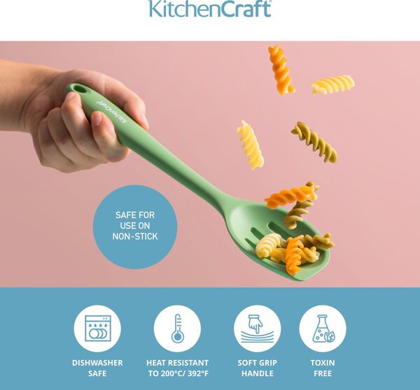 Silikonová děrovaná vařečka KitchenCraft 27 cm je šetrná k nepřilnavému nádobí, žáruvzdorná a ideální pro míchání i scezování pokrmů. KCSILMXSPGR