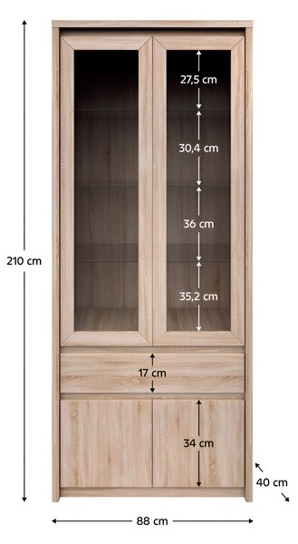 KONDELA Vitrína se šuplíkem 2D2W1S, dub sonoma, NORTY TYP 3