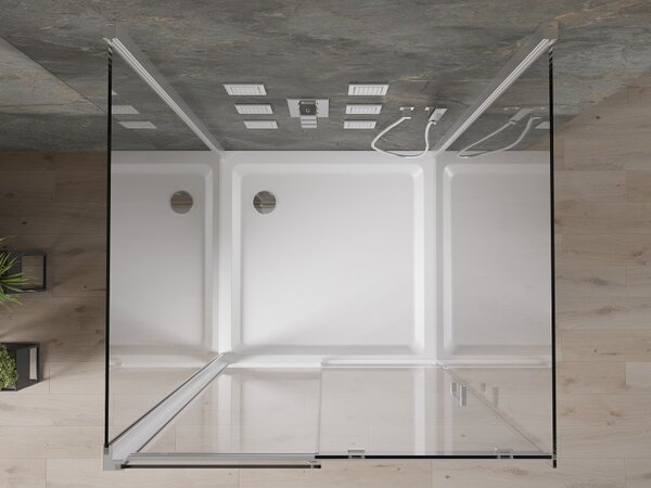 Mexen Omega, 3-stěnový sprchový kout s posuvnými dveřmi 100 (dveře) x 100 (stěna) x 190 cm, 8mm čiré sklo, chromový profil + bílá sprchová vanička SLIM, 825-100-100-01-00-3s-401