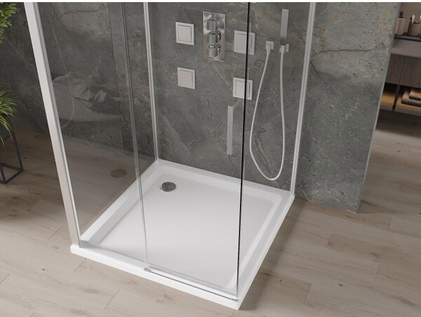 Mexen Omega, 3-stěnový sprchový kout s posuvnými dveřmi 100 (dveře) x 100 (stěna) x 190 cm, 8mm čiré sklo, chromový profil + bílá sprchová vanička SLIM, 825-100-100-01-00-3s-401