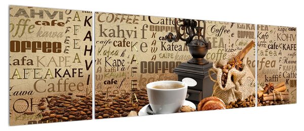 Obraz kávy, mlýnku a croissantů (170x50 cm)