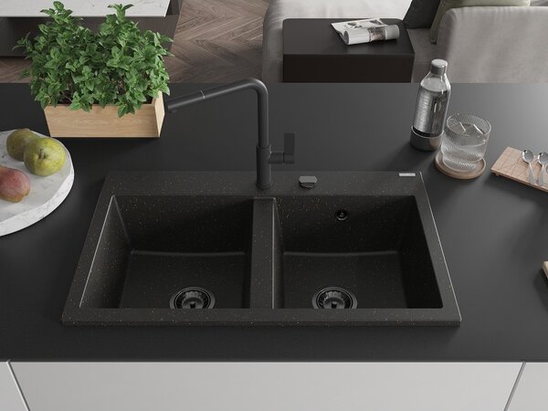 Mexen Hektor, 2-komorový granitový dřez 800x480x205 mm, černá-zlatá metalíza, grafitový sifon, 6521802000-75-B