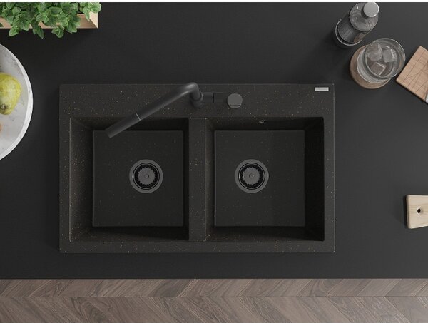 Mexen Hektor, 2-komorový granitový dřez 800x480x205 mm, černá-zlatá metalíza, grafitový sifon, 6521802000-75-B