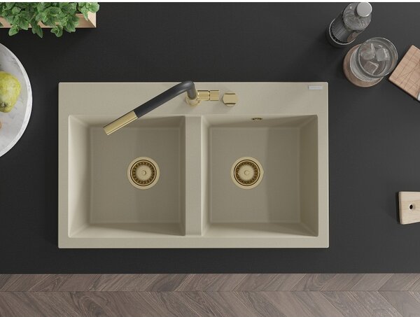 Mexen Hektor, 2-komorový granitový dřez 800x480x205 mm, béžová, zlatý sifon, 6521802000-69-G