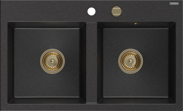 Mexen Hektor, 2-komorový granitový dřez 800x480x205 mm, černá-stříbrná metalíza, zlatý sifon, 6521802000-73-G