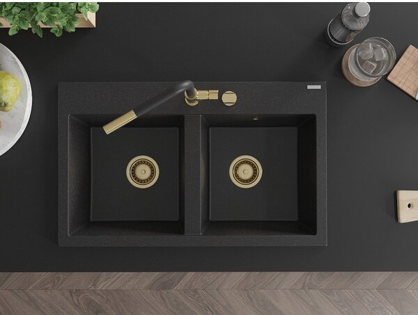 Mexen Hektor, 2-komorový granitový dřez 800x480x205 mm, černá-stříbrná metalíza, zlatý sifon, 6521802000-73-G
